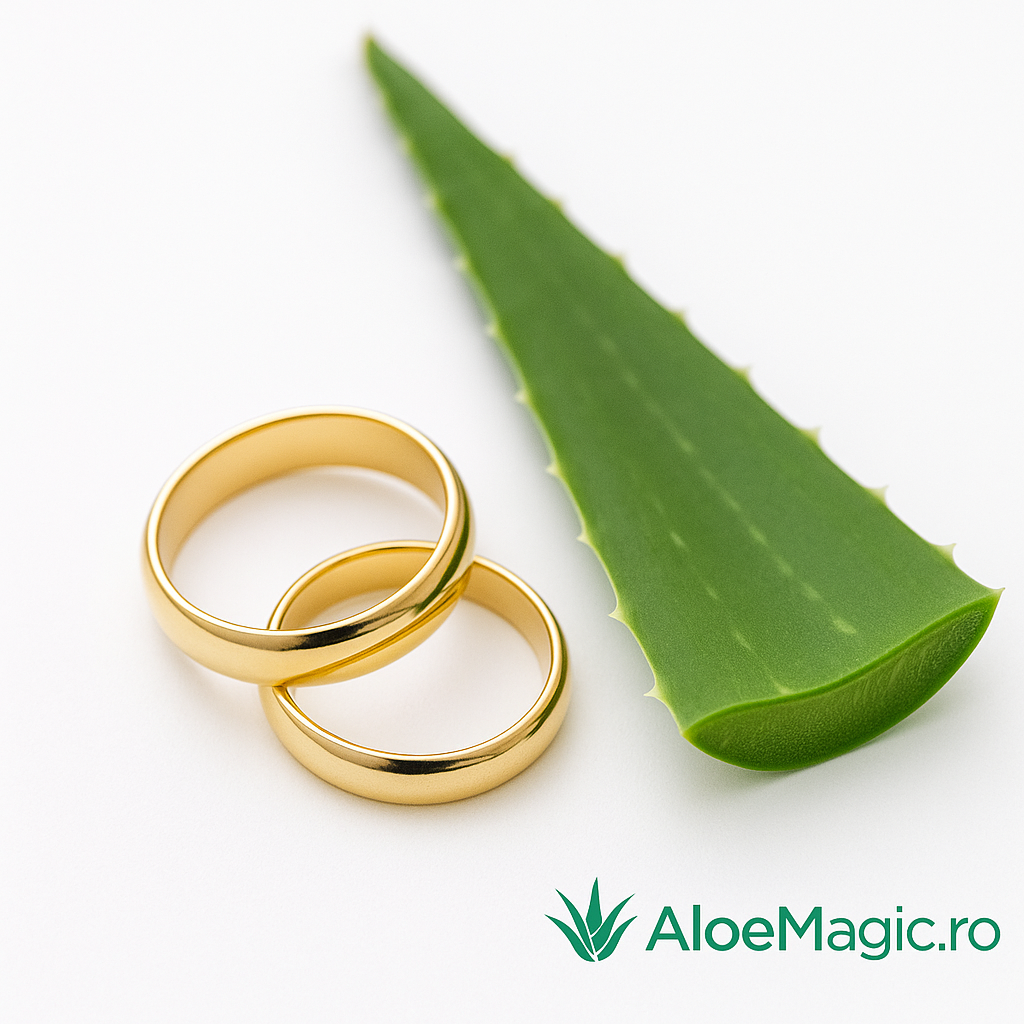 Două verighete aurii așezate lângă o frunză de aloe vera, simbol al iubirii și al vitalității naturale – AloeMagic.ro