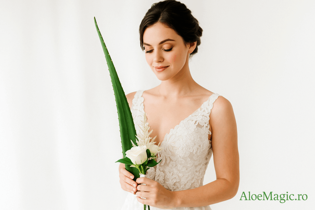 Mireasă în rochie albă de dantelă ținând un buchet minimalist cu trandafir alb și frunză de aloe, simbol al frumuseții naturale – AloeMagic.ro