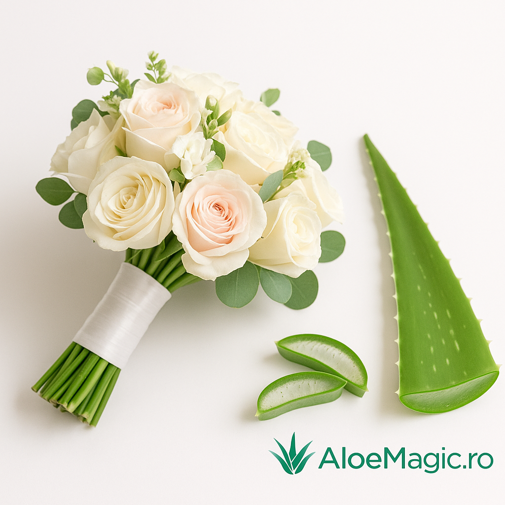 Buchet de mireasă elegant cu trandafiri albi și frunză de aloe, simbol al frumuseții și sănătății naturale – AloeMagic.ro